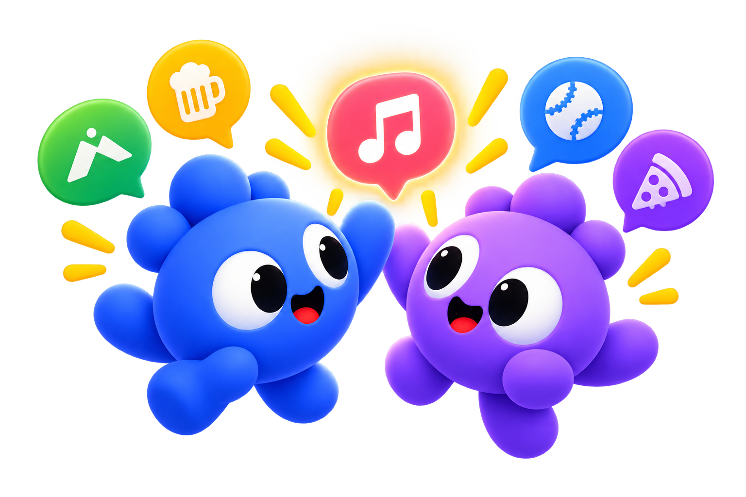 Two Let’s Be Social characters meeting over music, sports, food, and places